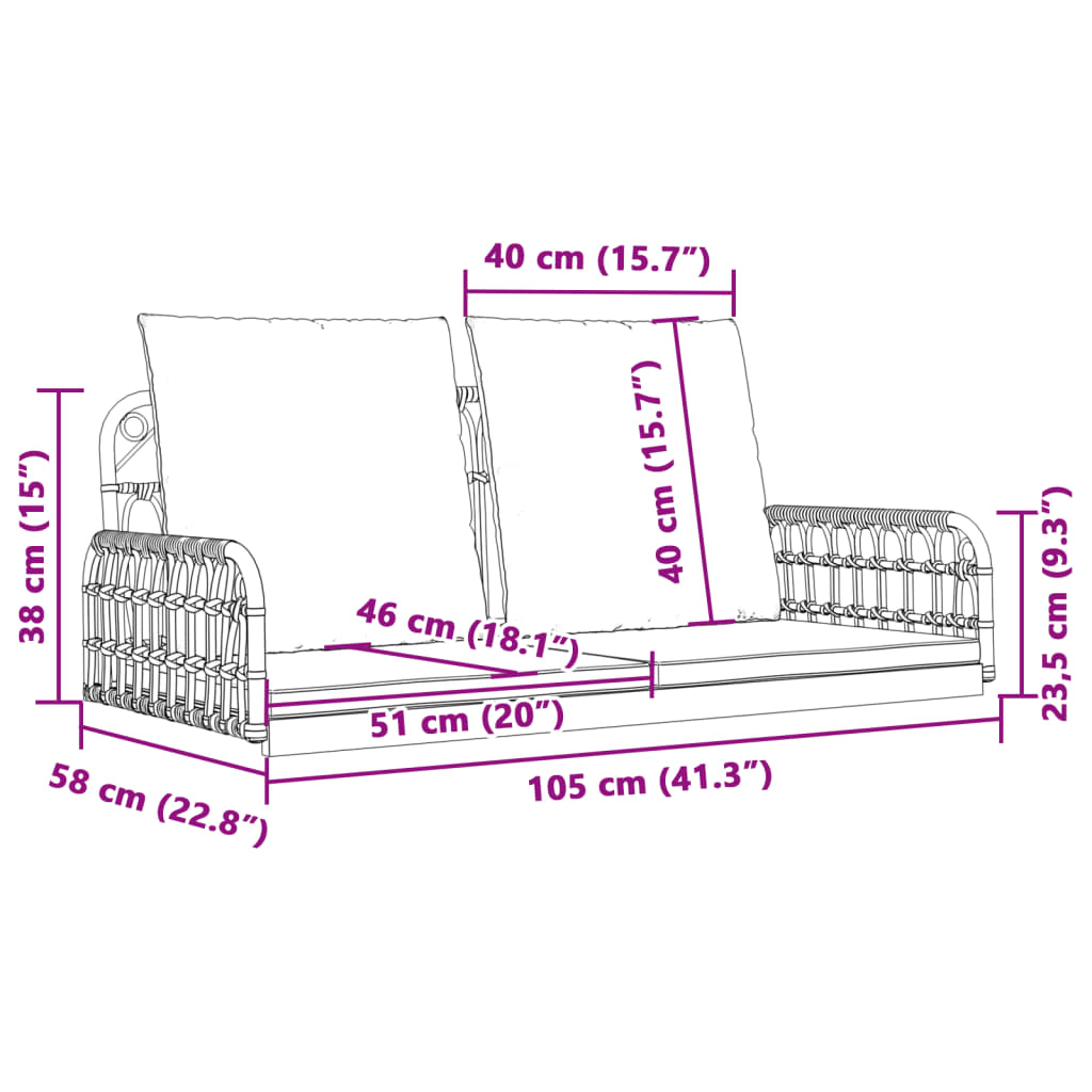 vidaXL Silla columpio con cojines ratán sintético y acero 105x58x38 cm