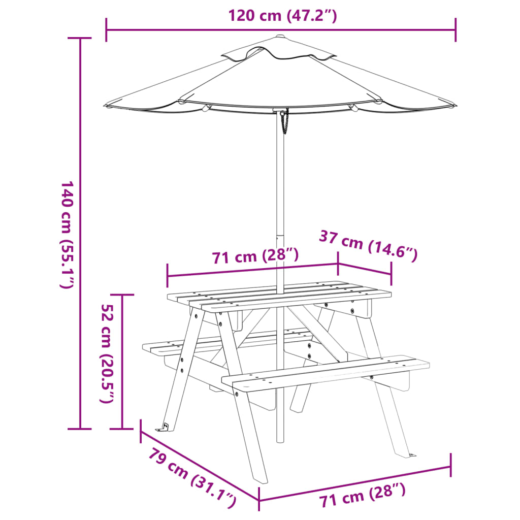 vidaXL Mesa de picnic para 4 niños agujero para sombrilla madera abeto