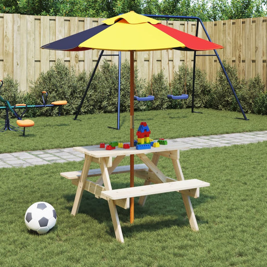 vidaXL Mesa de picnic para 4 niños agujero para sombrilla madera abeto