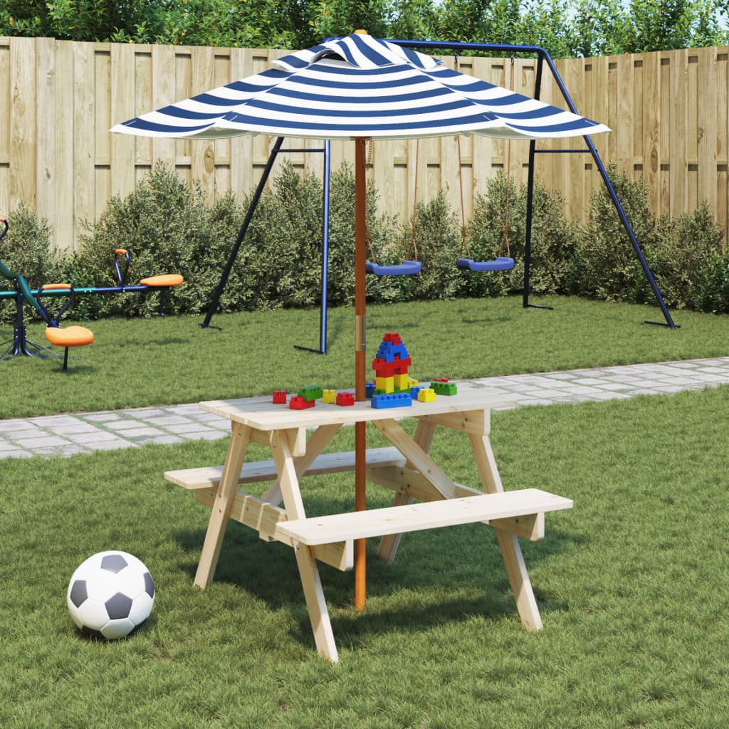 vidaXL Mesa de picnic para 4 niños agujero para sombrilla madera abeto