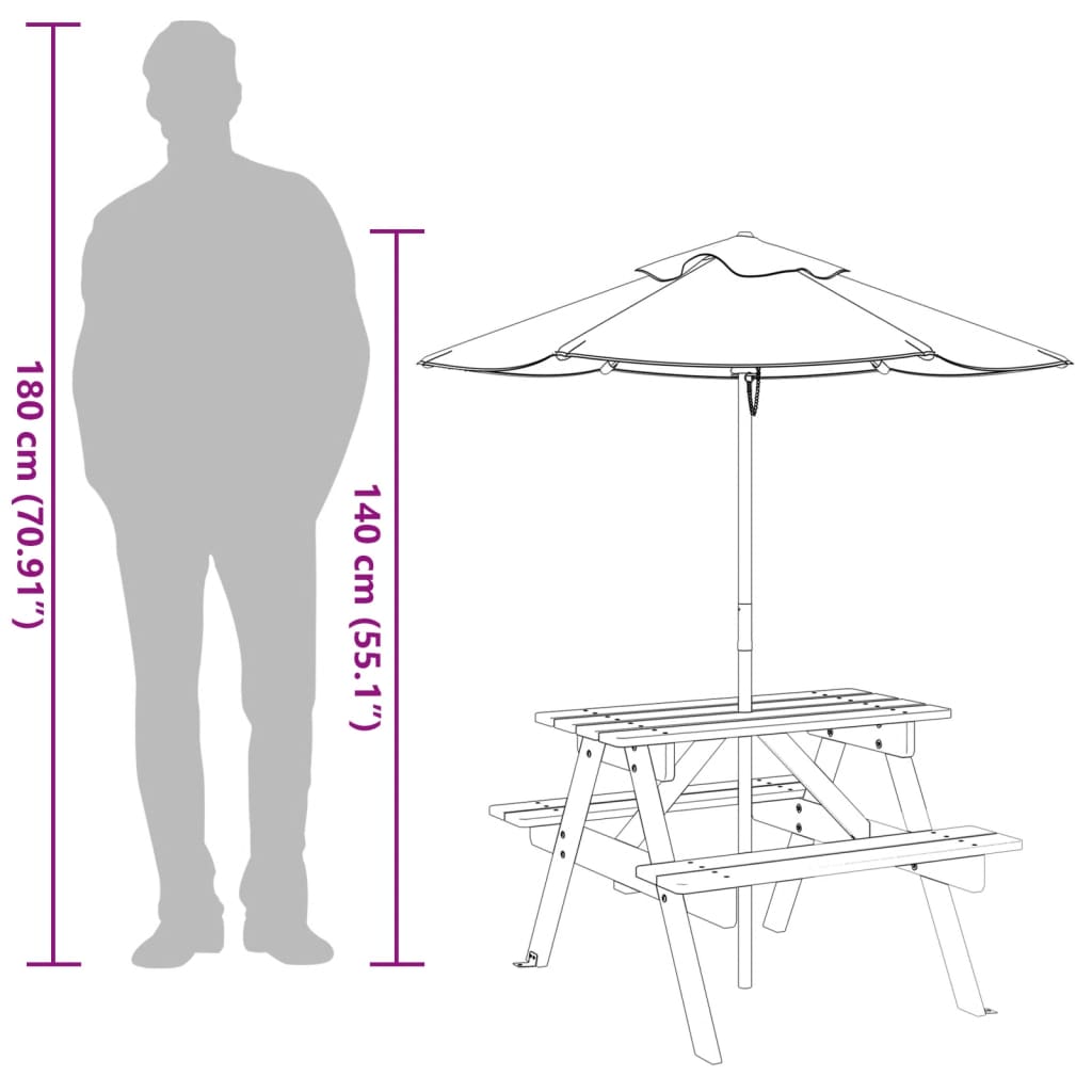 vidaXL Mesa de picnic para 4 niños agujero para sombrilla madera abeto