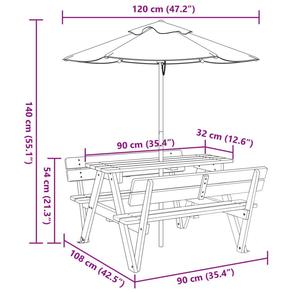 vidaXL Mesa de picnic para 4 niños agujero para sombrilla madera abeto