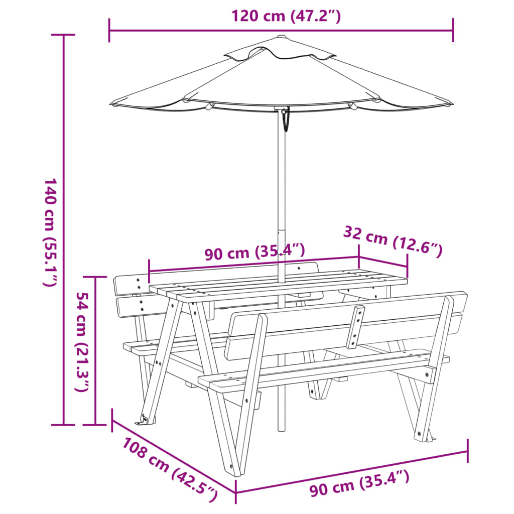 vidaXL Mesa de picnic para 4 niños agujero para sombrilla madera abeto