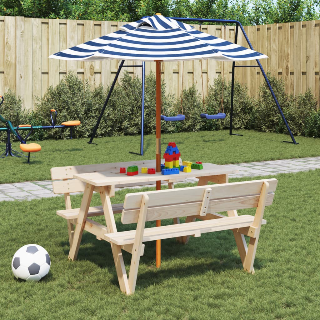 vidaXL Mesa de picnic para 4 niños agujero para sombrilla madera abeto