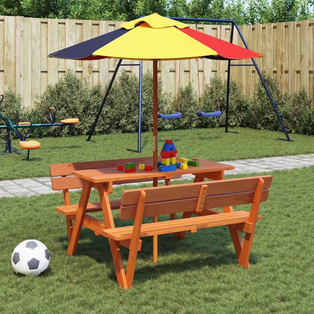 vidaXL Mesa de picnic para 4 niños agujero para sombrilla madera abeto