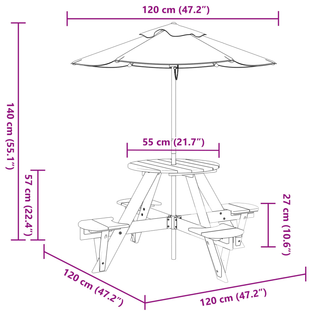 vidaXL Mesa de picnic para 4 niños agujero para sombrilla madera abeto