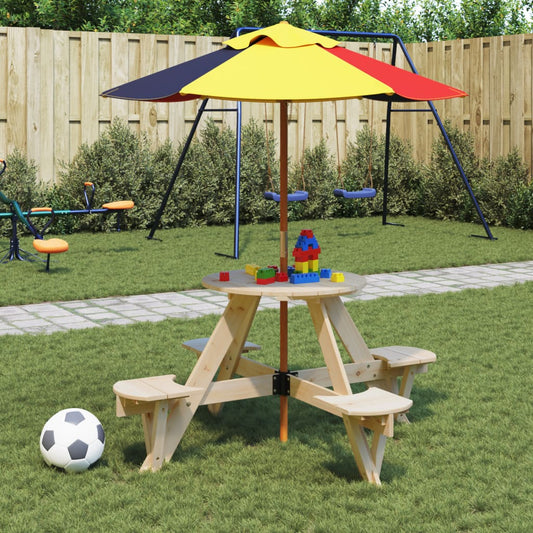 vidaXL Mesa de picnic para 4 niños agujero para sombrilla madera abeto