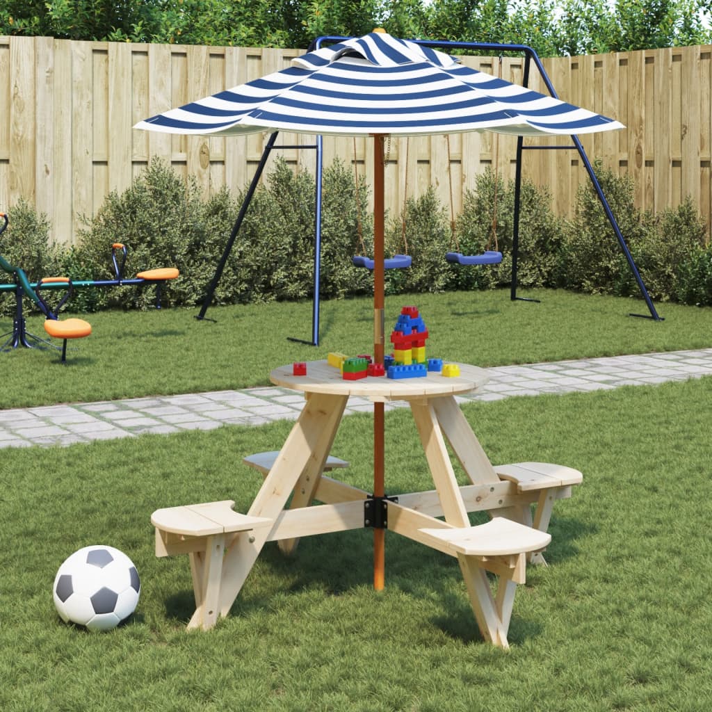 vidaXL Mesa de picnic para 4 niños agujero para sombrilla madera abeto