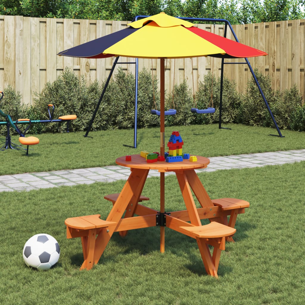 vidaXL Mesa de picnic para 4 niños agujero para sombrilla madera abeto