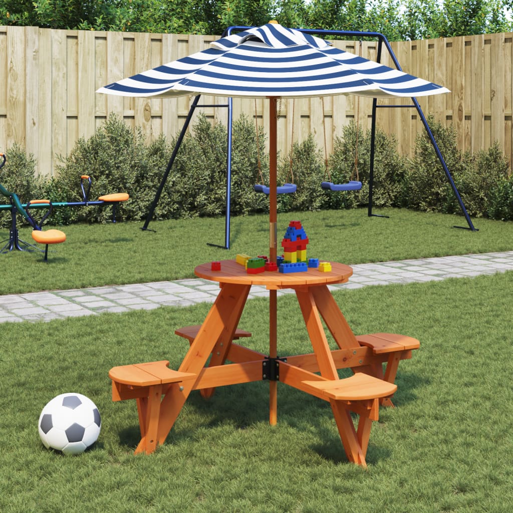 vidaXL Mesa de picnic para 4 niños agujero para sombrilla madera abeto