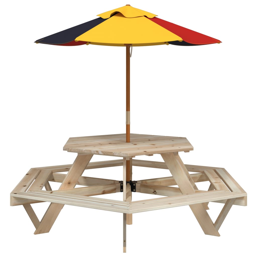 vidaXL Mesa de picnic hexagonal 6 niños agujero sombrilla madera abeto