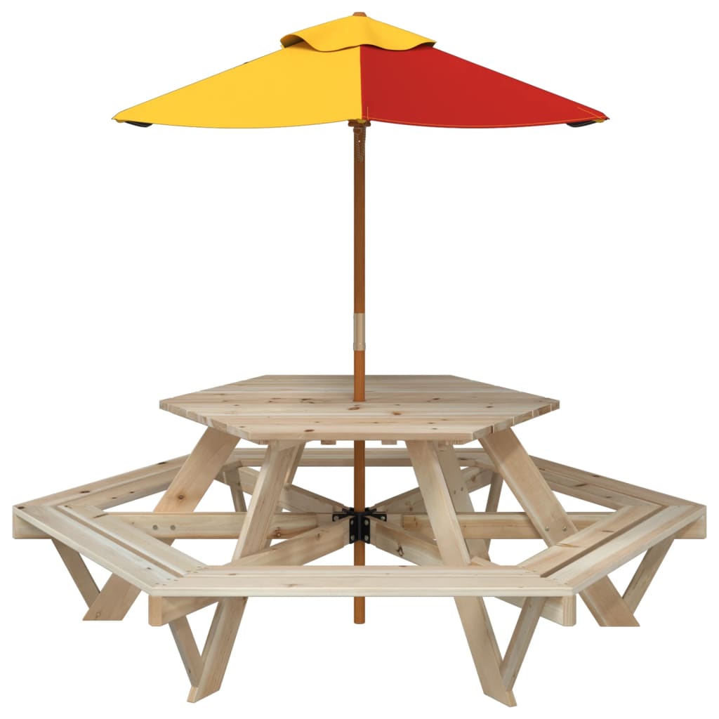 vidaXL Mesa de picnic hexagonal 6 niños agujero sombrilla madera abeto