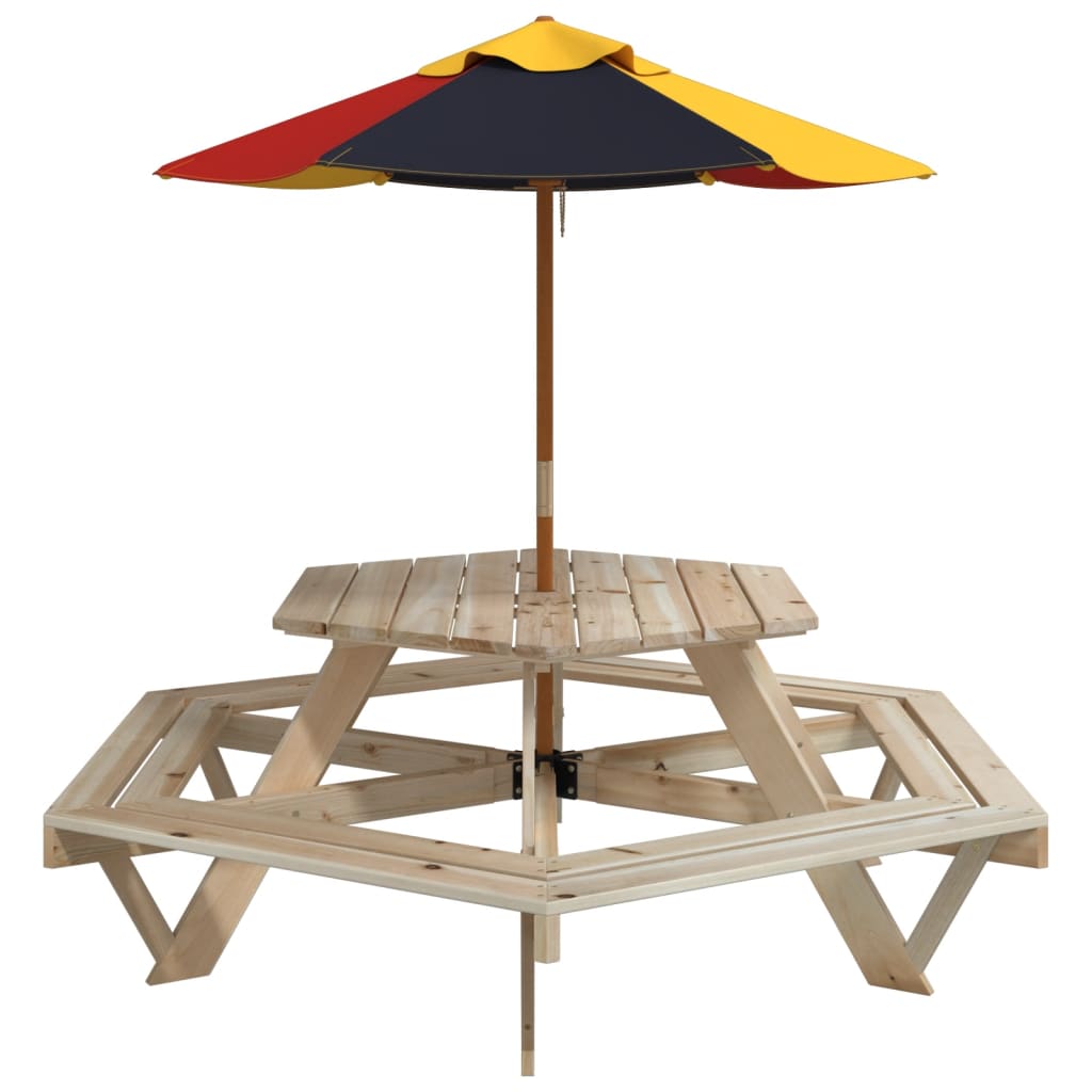 vidaXL Mesa de picnic hexagonal 6 niños agujero sombrilla madera abeto