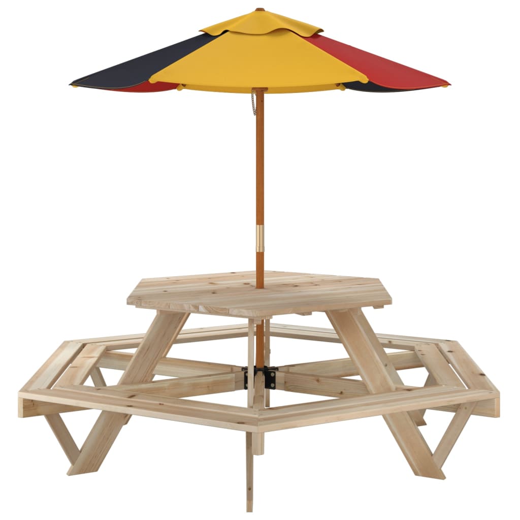 vidaXL Mesa de picnic hexagonal 6 niños agujero sombrilla madera abeto