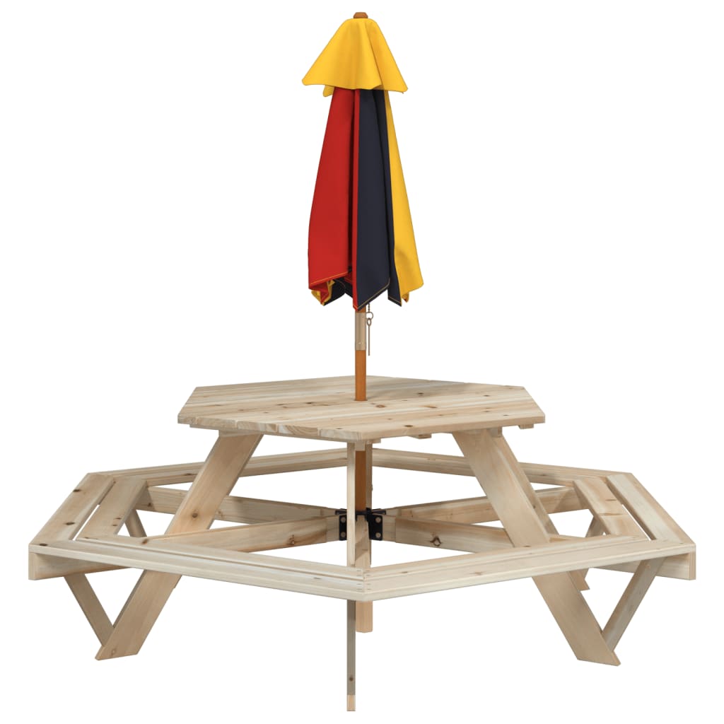 vidaXL Mesa de picnic hexagonal 6 niños agujero sombrilla madera abeto