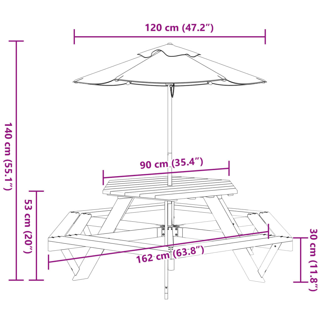 vidaXL Mesa de picnic hexagonal 6 niños agujero sombrilla madera abeto