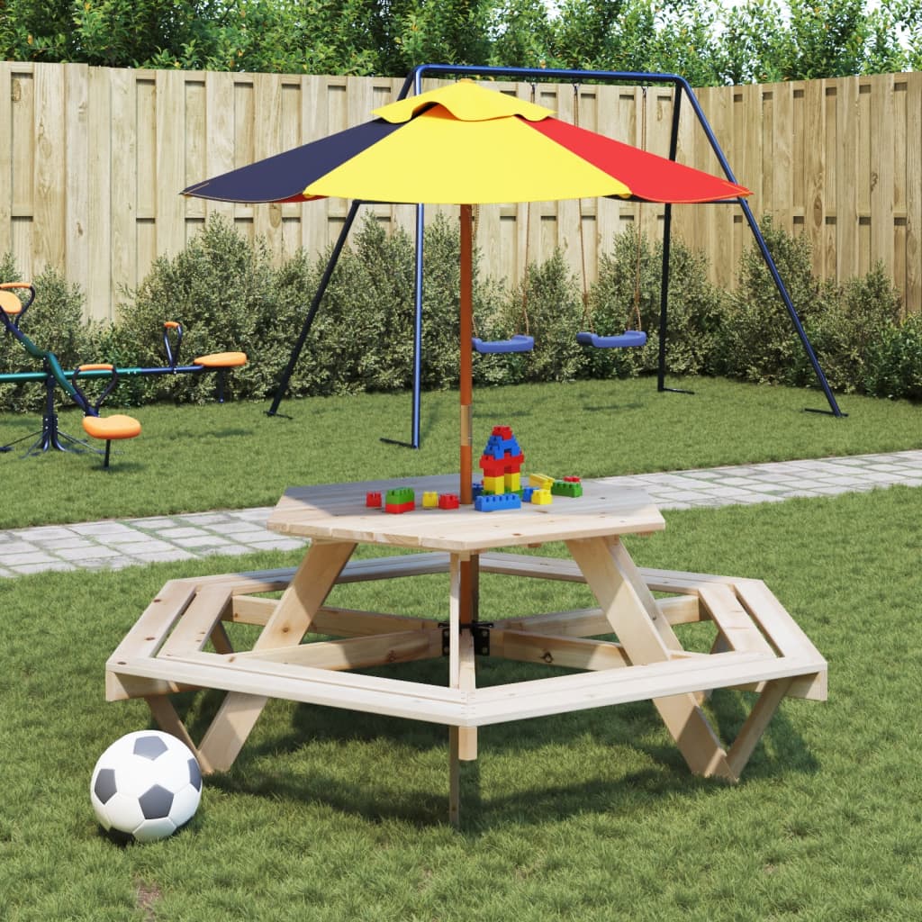 vidaXL Mesa de picnic hexagonal 6 niños agujero sombrilla madera abeto