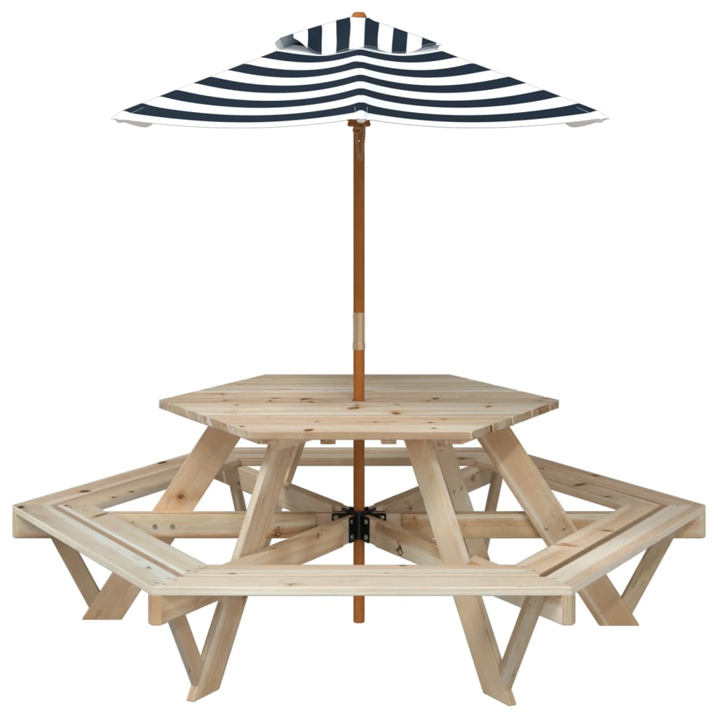 vidaXL Mesa de picnic hexagonal 6 niños agujero sombrilla madera abeto