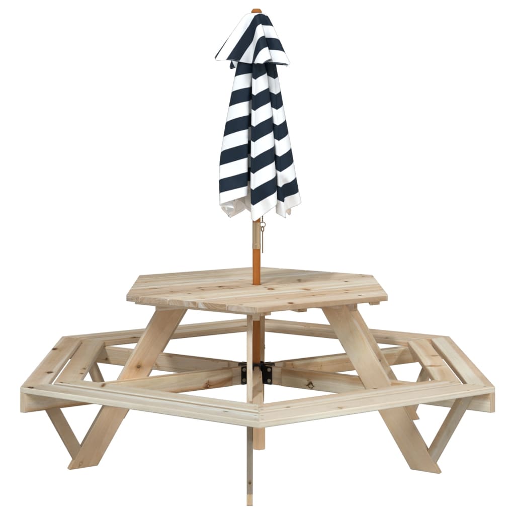 vidaXL Mesa de picnic hexagonal 6 niños agujero sombrilla madera abeto