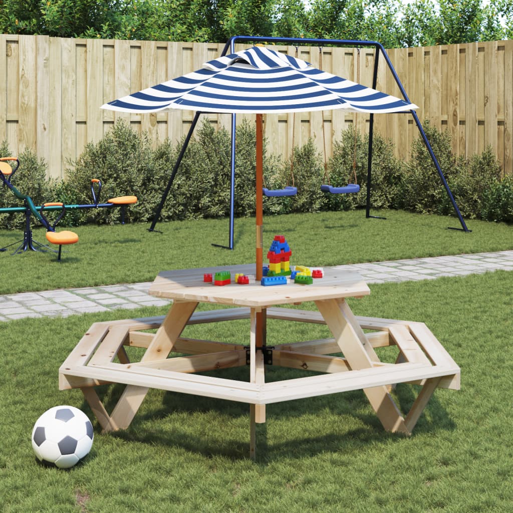 vidaXL Mesa de picnic hexagonal 6 niños agujero sombrilla madera abeto