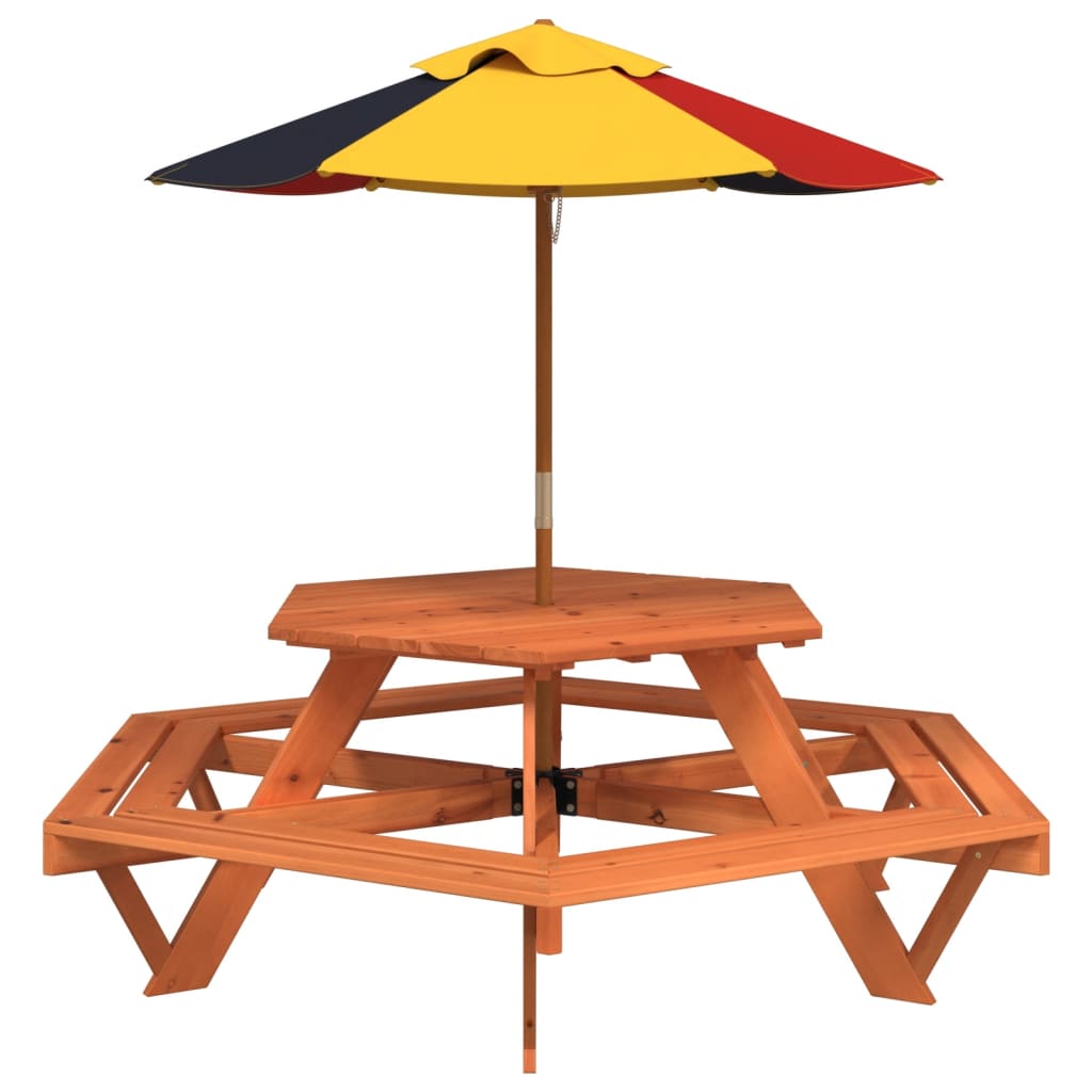 vidaXL Mesa de picnic hexagonal 6 niños agujero sombrilla madera abeto