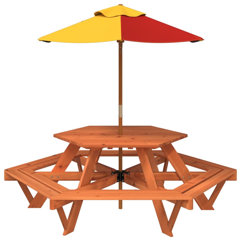 vidaXL Mesa de picnic hexagonal 6 niños agujero sombrilla madera abeto