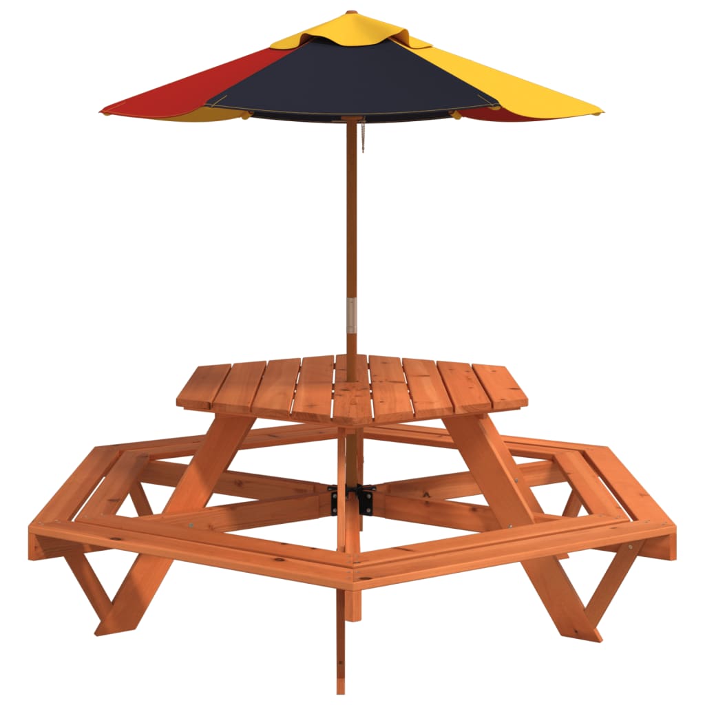 vidaXL Mesa de picnic hexagonal 6 niños agujero sombrilla madera abeto