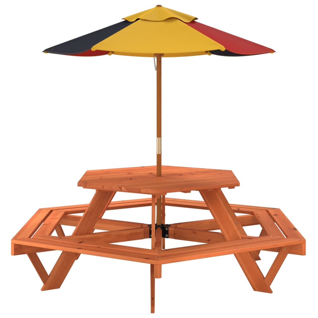 vidaXL Mesa de picnic hexagonal 6 niños agujero sombrilla madera abeto