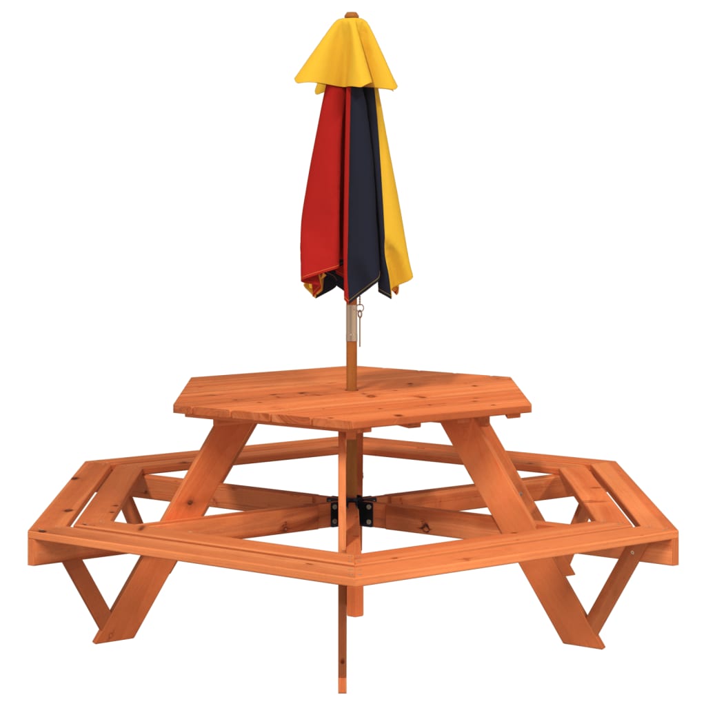 vidaXL Mesa de picnic hexagonal 6 niños agujero sombrilla madera abeto