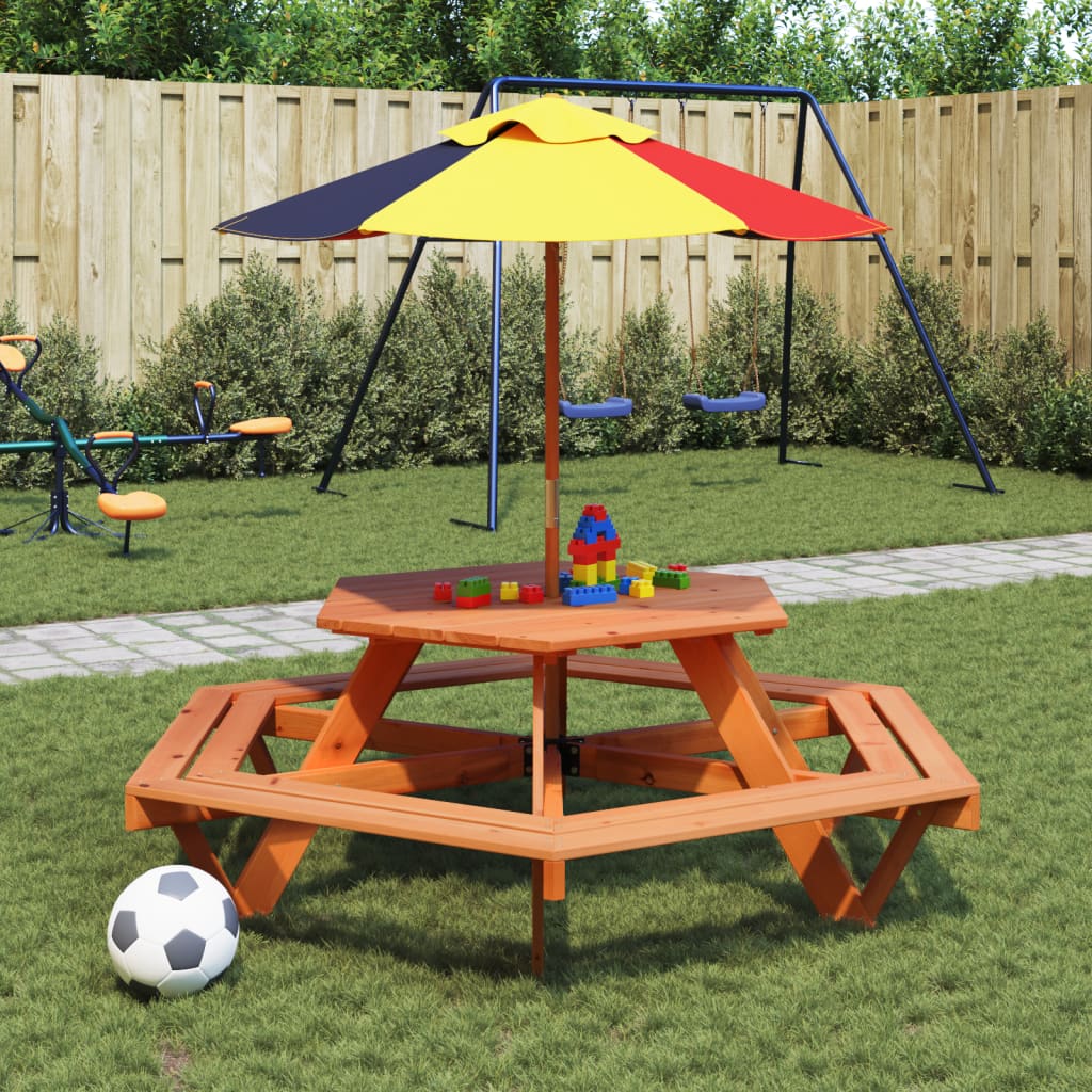 vidaXL Mesa de picnic hexagonal 6 niños agujero sombrilla madera abeto