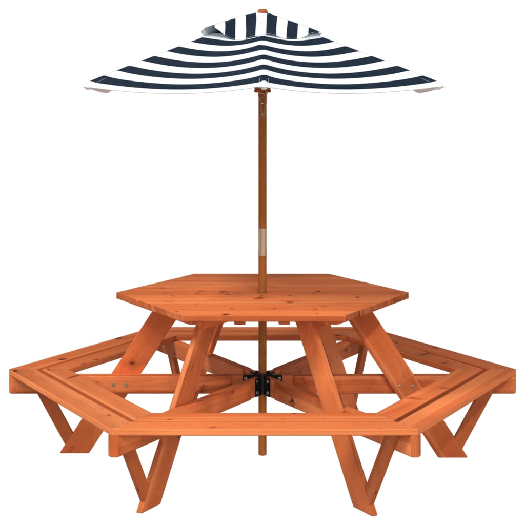 vidaXL Mesa de picnic hexagonal 6 niños agujero sombrilla madera abeto