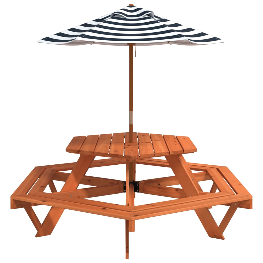 vidaXL Mesa de picnic hexagonal 6 niños agujero sombrilla madera abeto