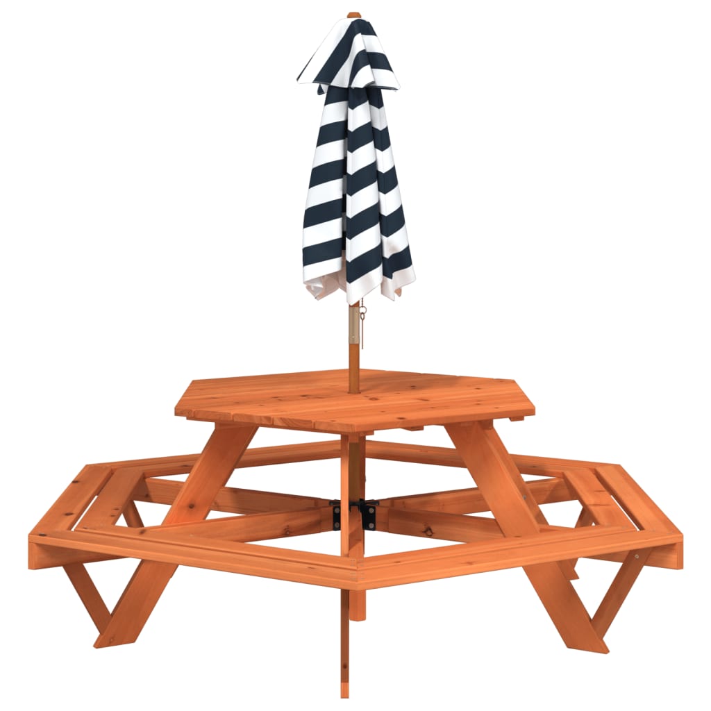 vidaXL Mesa de picnic hexagonal 6 niños agujero sombrilla madera abeto