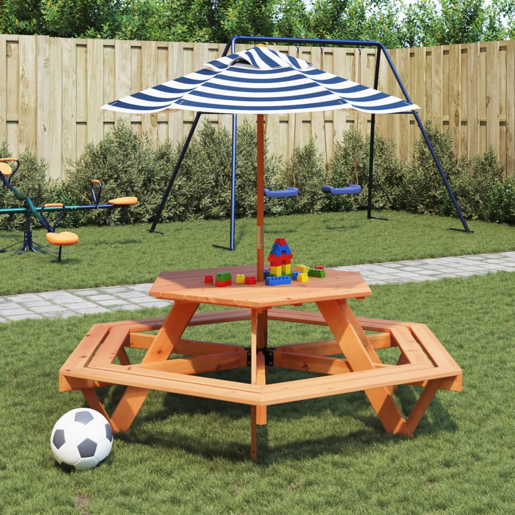 vidaXL Mesa de picnic hexagonal 6 niños agujero sombrilla madera abeto