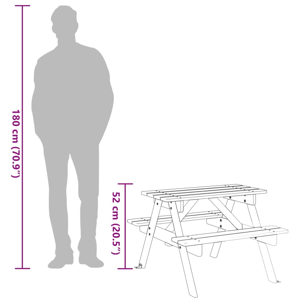 vidaXL Mesa de picnic para 4 niños agujero para sombrilla madera abeto