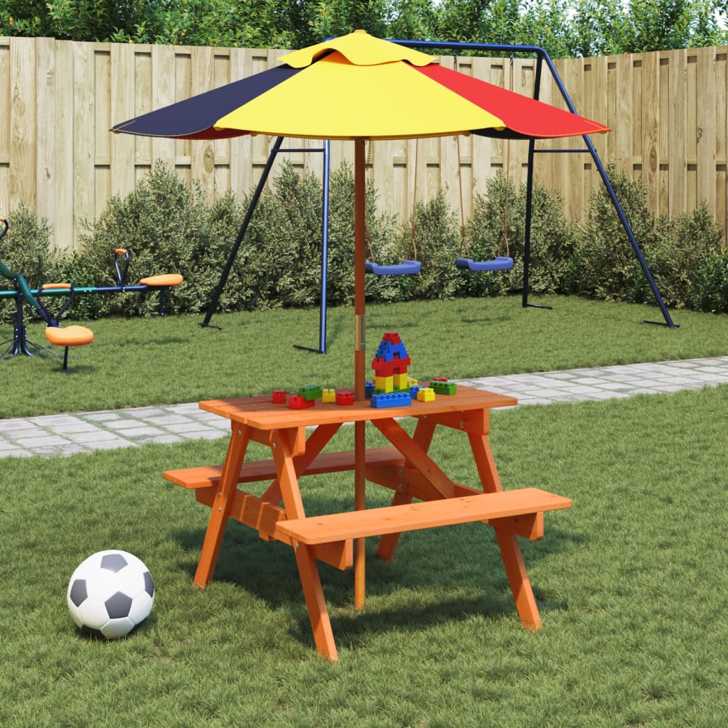 vidaXL Mesa de picnic para 4 niños agujero para sombrilla madera abeto