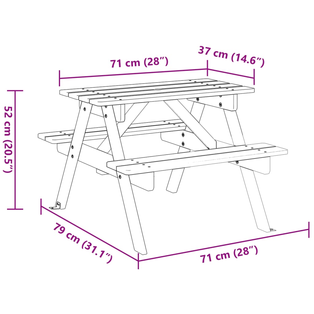 vidaXL Mesa de picnic para 4 niños agujero para sombrilla madera abeto