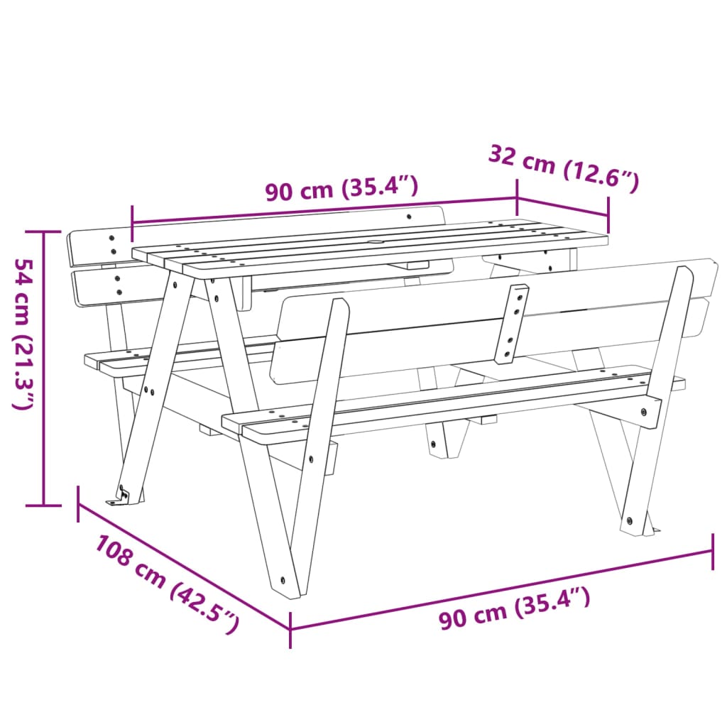 vidaXL Mesa de picnic para 4 niños agujero para sombrilla madera abeto