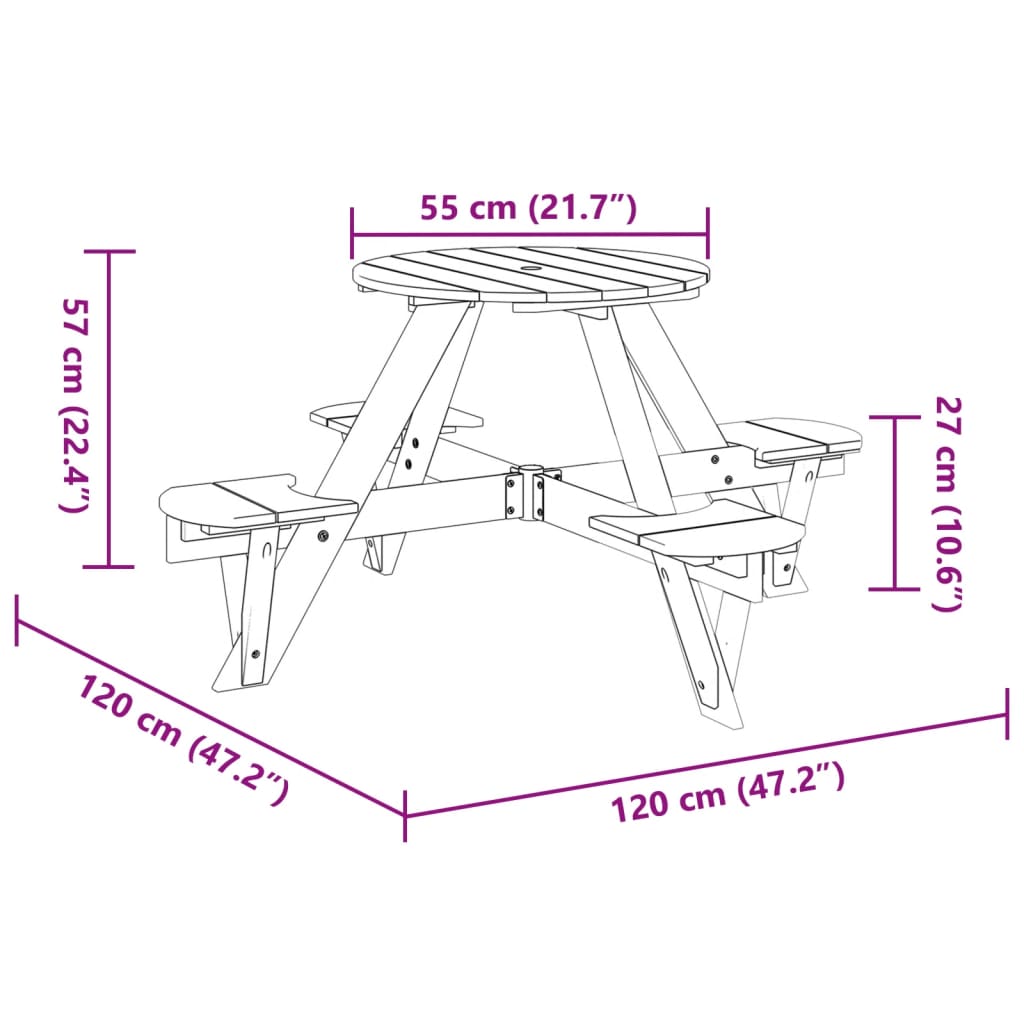 vidaXL Mesa de picnic para 4 niños agujero para sombrilla madera abeto