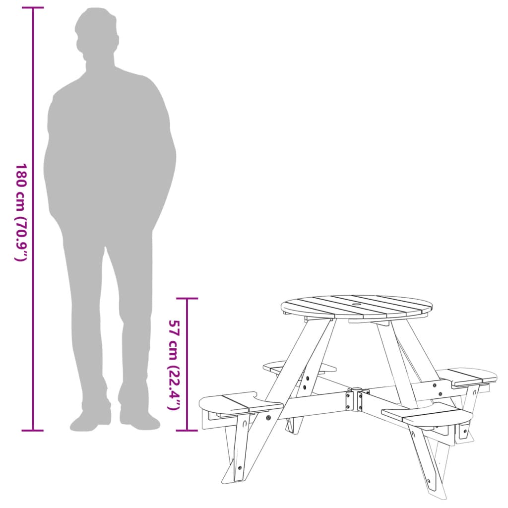 vidaXL Mesa de picnic para 4 niños agujero para sombrilla madera abeto