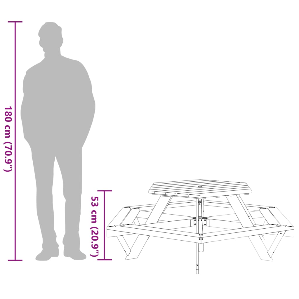 vidaXL Mesa de picnic hexagonal 6 niños agujero sombrilla madera abeto