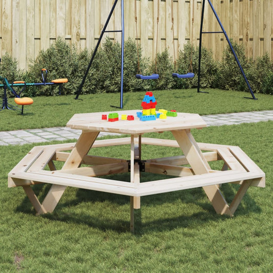 vidaXL Mesa de picnic hexagonal 6 niños agujero sombrilla madera abeto