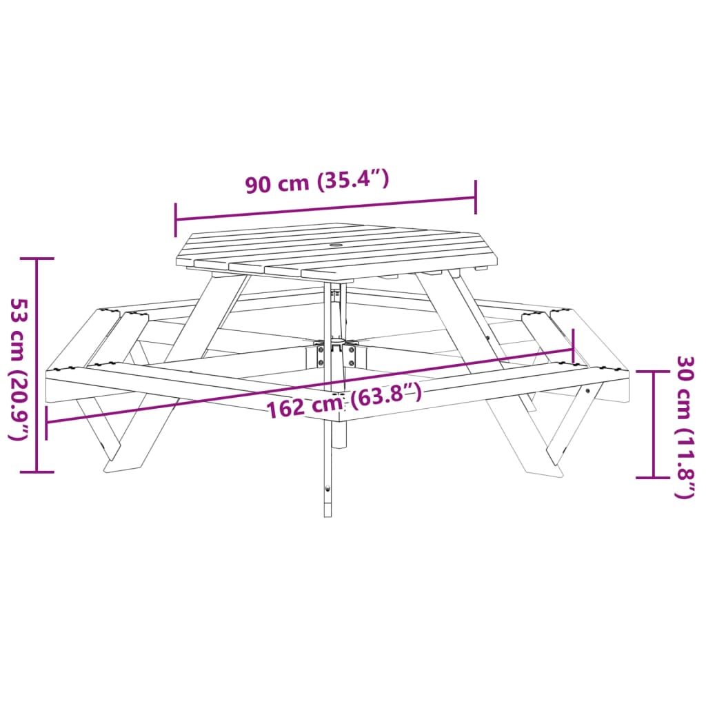 vidaXL Mesa de picnic hexagonal 6 niños agujero sombrilla madera abeto