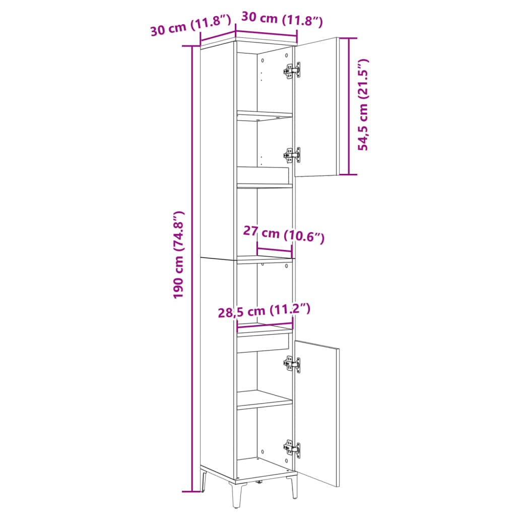 vidaXL Armario de baño madera contrachapada roble Sonoma 30x30x190 cm