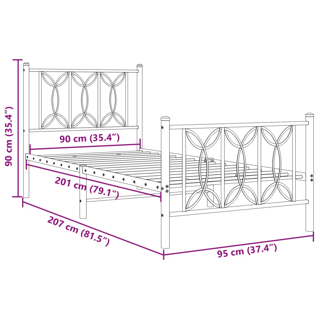 vidaXL Estructura cama sin colchón con estribo metal negro 90x200 cm