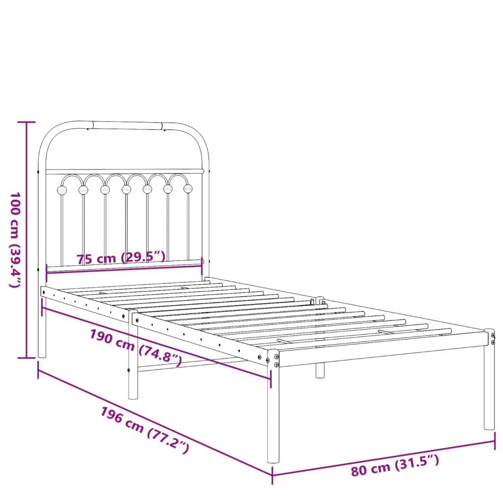 vidaXL Estructura cama sin colchón con cabecero metal negro 75x190 cm