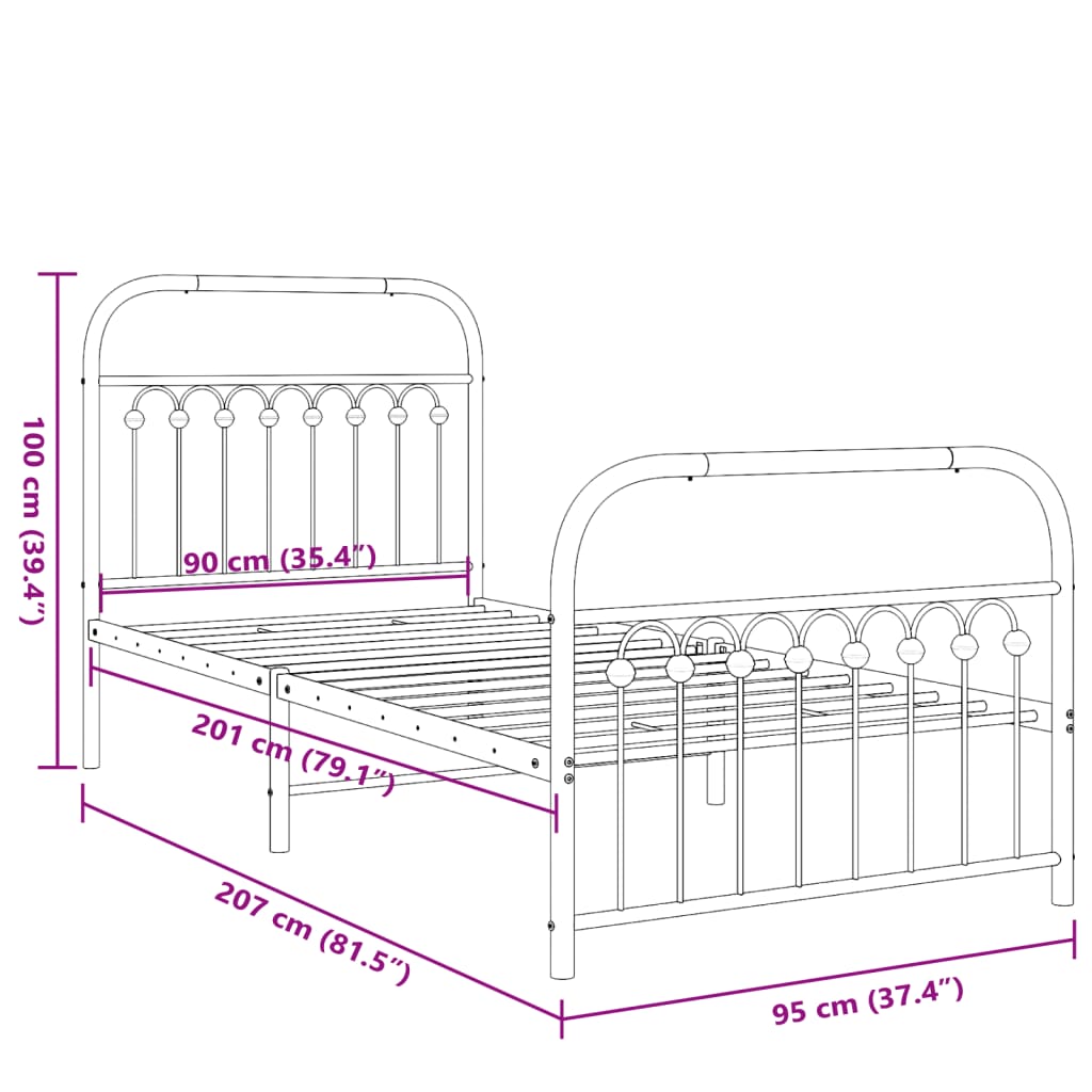 vidaXL Estructura cama sin colchón con estribo metal negro 90x200 cm