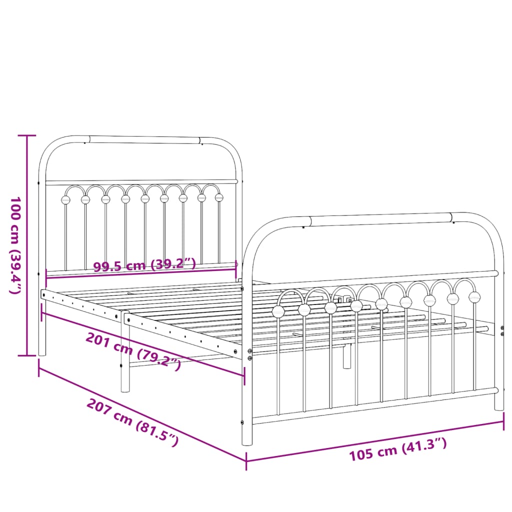 vidaXL Estructura cama sin colchón con estribo metal negro 100x200 cm