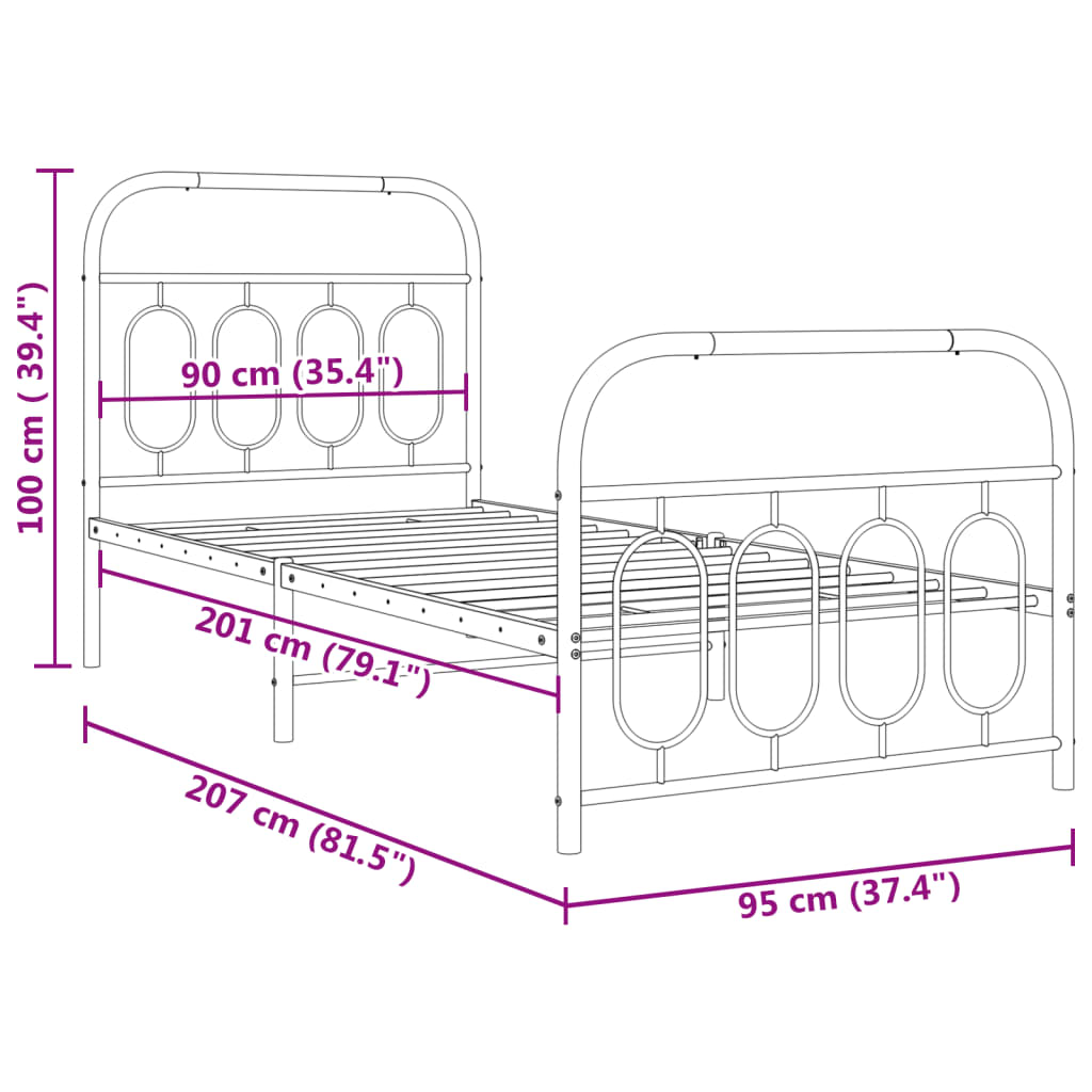 vidaXL Estructura cama sin colchón con estribo metal negro 90x200 cm