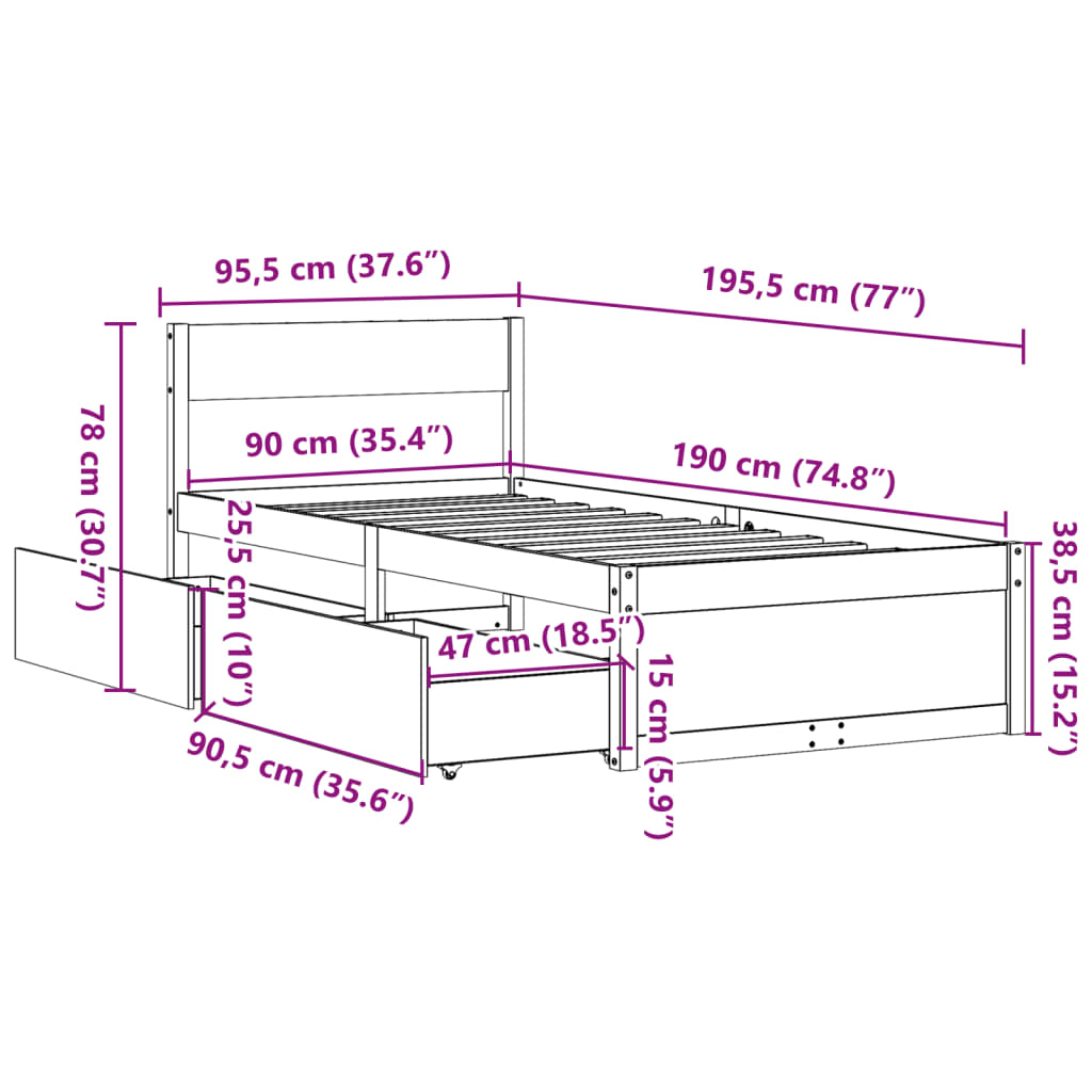 vidaXL Estructura de cama sin colchón madera maciza de pino 90x190 cm